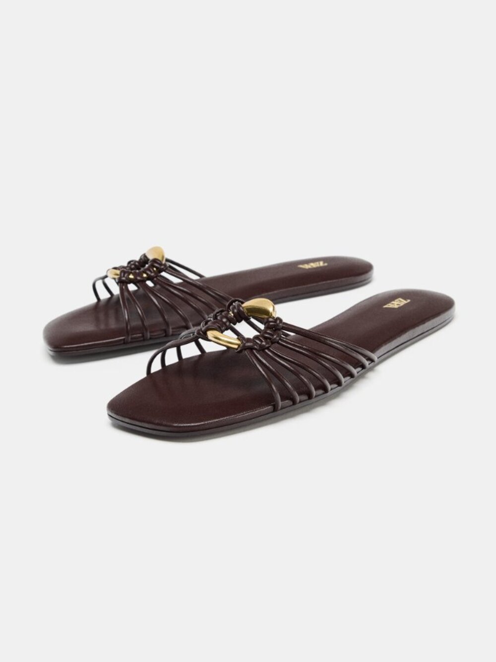 Zara Brown Flat Sandals with Metallic Trim Size 6.5 - Picture 2 of 6